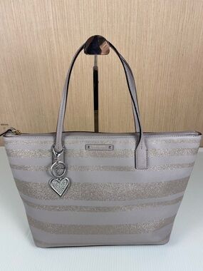 Kate Spade Lavender Silver Glitter Stripe Tote Zip Top Shoulder Bag